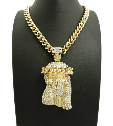 Nyfashion101 Polished Crown Of Thorns Stone Stud Jesus Face Pendant With 9mm 30" Cuban Chain Necklace Gold-Tone