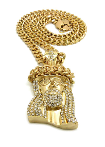 Nyfashion101 Polished Crown Of Thorns Stone Stud Jesus Face Pendant With 9mm 30" Cuban Chain Necklace Gold-Tone