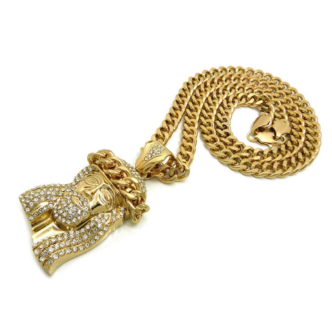Nyfashion101 Polished Crown Of Thorns Stone Stud Jesus Face Pendant With 9mm 30" Cuban Chain Necklace Gold-Tone