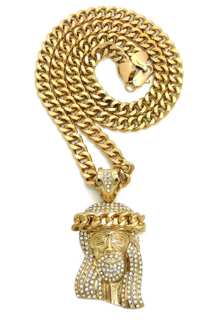 nyfashion101 Polished Crown of Thorns Stone Stud Jesus Face Pendant with 9mm 30" Cuban Chain Necklace Gold-Tone