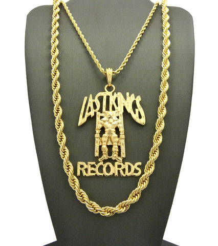 nyfashion101 Polished Last Kings Record Label Pendant Rope Chain Necklace Set in Gold-Tone
