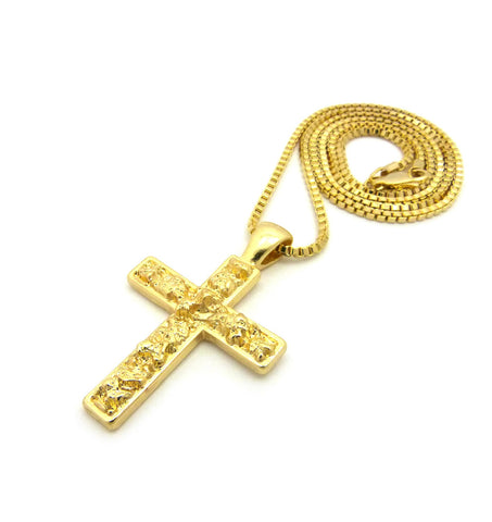 Nyfashion101 Polished Nugget Cross Pendant W/ 2mm 24" Box Chain Necklace In Gold-Tone