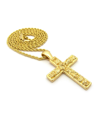 Nyfashion101 Polished Nugget Cross Pendant W/ 2mm 24" Rope Chain Necklace In Gold-Tone