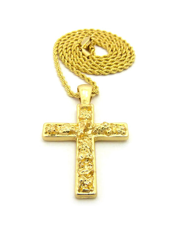 Nyfashion101 Polished Nugget Cross Pendant W/ 2mm 24" Rope Chain Necklace In Gold-Tone