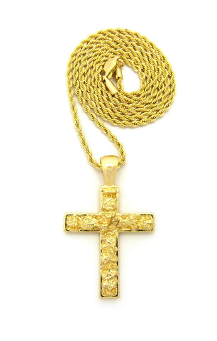 nyfashion101 Polished Nugget Cross Pendant w/ 2mm 24" Rope Chain Necklace in Gold-Tone