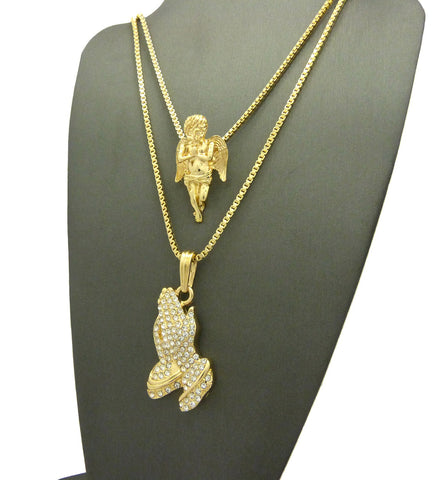 Nyfashion101 Polished Praying Angel & Stone Stud Praying Hands Pendant Set W/ 2mm Box Chains In Gold-Tone