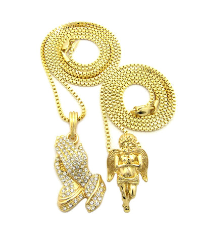 Nyfashion101 Polished Praying Angel & Stone Stud Praying Hands Pendant Set W/ 2mm Box Chains In Gold-Tone
