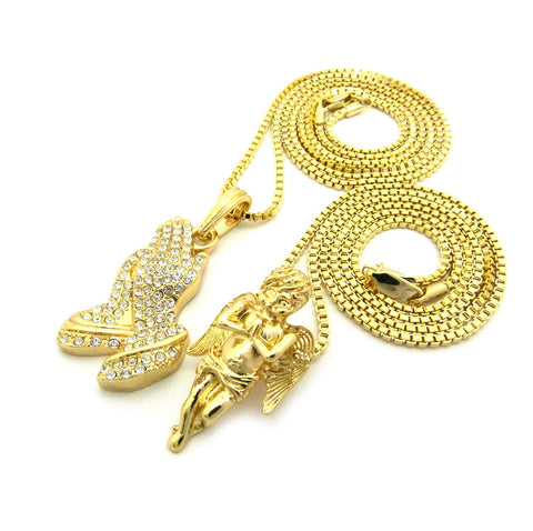 Nyfashion101 Polished Praying Angel & Stone Stud Praying Hands Pendant Set W/ 2mm Box Chains In Gold-Tone