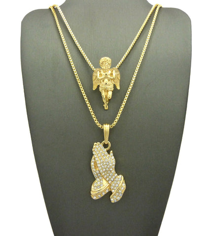nyfashion101 Polished Praying Angel & Stone Stud Praying Hands Pendant Set w/ 2mm Box Chains in Gold-Tone