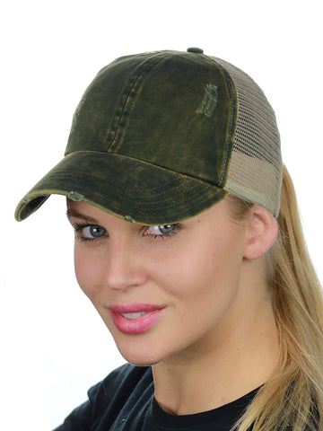 Nyfashion101 Ponyflo Ponytail Messy High Bun Distressed Adjustable Trucker Baseball Cap Green