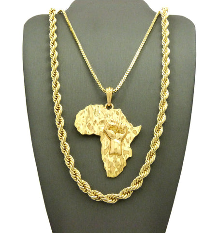 Nyfashion101 Power Fist On Africa Pendant On Box Chain With 6mm 30" Rope Chain Necklace In Gold-Tone