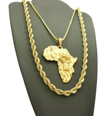 Nyfashion101 Power Fist On Africa Pendant On Box Chain With 6mm 30" Rope Chain Necklace In Gold-Tone