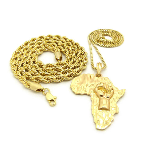 Nyfashion101 Power Fist On Africa Pendant On Box Chain With 6mm 30" Rope Chain Necklace In Gold-Tone