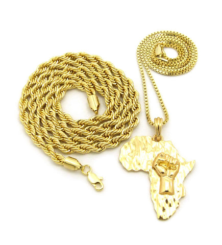 nyfashion101 Power Fist on Africa Pendant on Box Chain with 6mm 30" Rope Chain Necklace in Gold-Tone