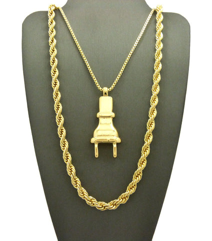 Nyfashion101 Power Plug Pendant W/ 2mm 24" Box Chain & 6mm 30" Rope Chain Necklace In Gold-Tone