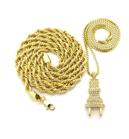 Nyfashion101 Power Plug Pendant W/ 2mm 24" Box Chain & 6mm 30" Rope Chain Necklace In Gold-Tone