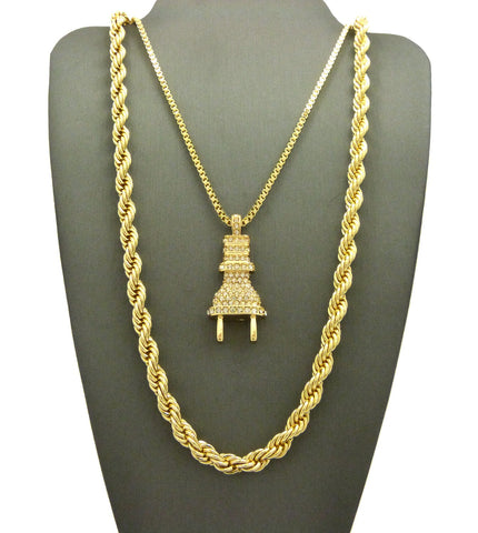 Nyfashion101 Power Plug Pendant W/ 2mm 24" Box Chain & 6mm 30" Rope Chain Necklace In Gold-Tone