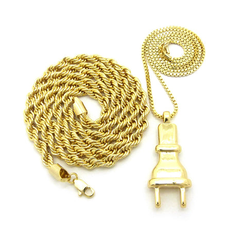 nyfashion101 Power Plug Pendant w/ 2mm 24" Box Chain & 6mm 30" Rope Chain Necklace in Gold-Tone