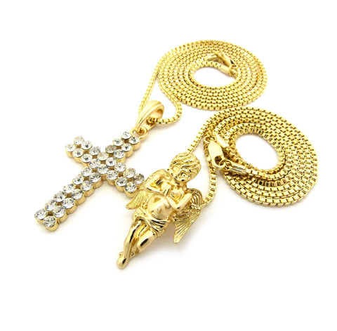 Nyfashion101 Praying Angel & 2 Row Stone Cross Pendant Set W/ 24" & 30" Box Chain Necklaces In Gold-Tone