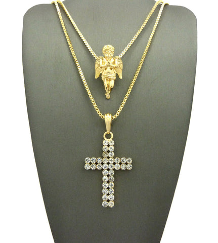 Nyfashion101 Praying Angel & 2 Row Stone Cross Pendant Set W/ 24" & 30" Box Chain Necklaces In Gold-Tone
