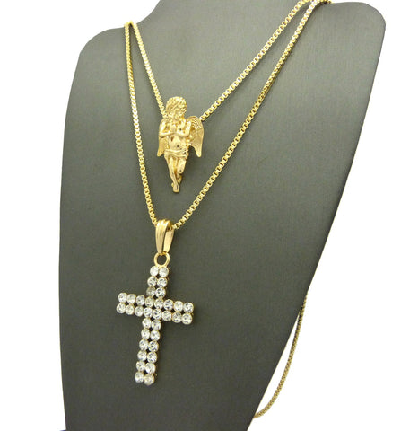 Nyfashion101 Praying Angel & 2 Row Stone Cross Pendant Set W/ 24" & 30" Box Chain Necklaces In Gold-Tone