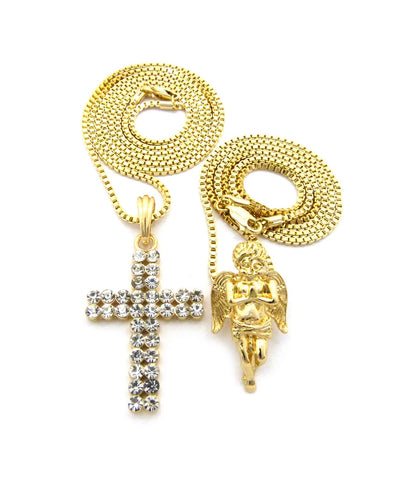 nyfashion101 Praying Angel & 2 Row Stone Cross Pendant Set w/ 24" & 30" Box Chain Necklaces in Gold-Tone