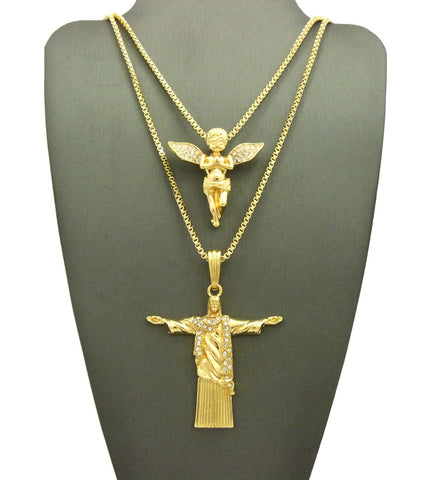 Nyfashion101 Praying Angel & Christ The Redeemer Pendant Set W/ 2mm 24" & 30" Box Chains In Gold-Tone