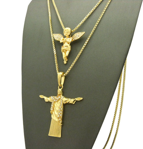 Nyfashion101 Praying Angel & Christ The Redeemer Pendant Set W/ 2mm 24" & 30" Box Chains In Gold-Tone