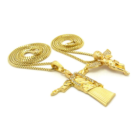 Nyfashion101 Praying Angel & Christ The Redeemer Pendant Set W/ 2mm 24" & 30" Box Chains In Gold-Tone