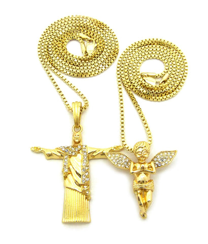 nyfashion101 Praying Angel & Christ the Redeemer Pendant Set w/ 2mm 24" & 30" Box Chains in Gold-Tone