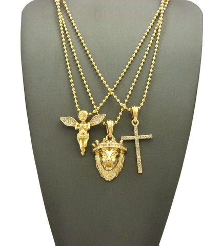 Nyfashion101 Praying Angel King Lion & Single Row Cross Pendant Set W/ Gold-Tone Ball Chain Necklaces