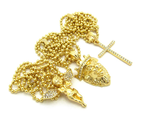 Nyfashion101 Praying Angel King Lion & Single Row Cross Pendant Set W/ Gold-Tone Ball Chain Necklaces