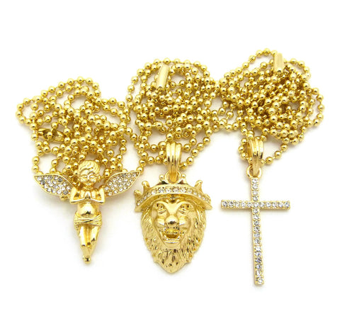 nyfashion101 Praying Angel King Lion & Single Row Cross Pendant Set w/ Gold-Tone Ball Chain Necklaces