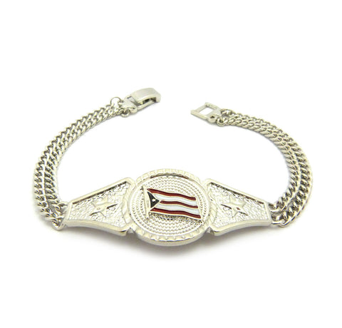 Nyfashion101 Puerto Rico Flag & Star Pendant W/3mm 7.75" Link Chain Bracelet Silver-Tone