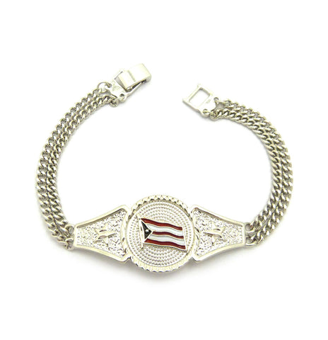 nyfashion101 Puerto Rico Flag & Star Pendant w/3mm 7.75" Link Chain Bracelet Silver-Tone