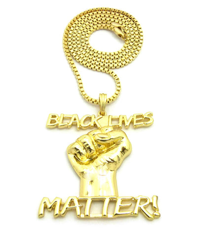 nyfashion101 Raised Fist Between Black Lives Matter Pendant w/3mm 30" Box Chain Necklace Gold-Tone