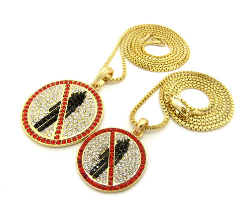 Nyfashion101 Red Stone Border Rapper Music Video Monster Logo Pendant Set W/ 2mm Box Chain Necklaces In Gold-Tone