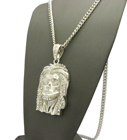 Nyfashion101 Rhinestone Jesus Pendant In W/ 36" Miami Cuban Chain CP54G