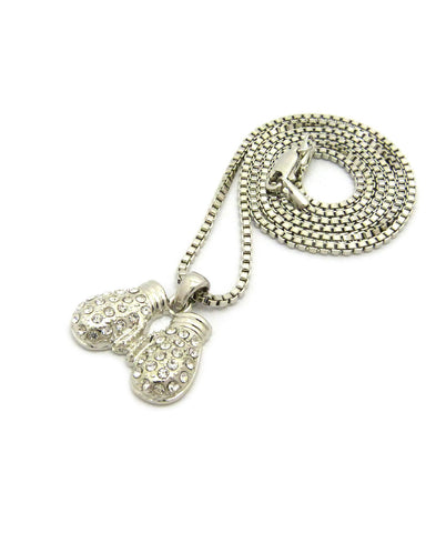 Nyfashion101 Rhinestone Studded Mini Box Gloves Pendant With 2mm 24" Box Chain Necklace In Silver-Tone