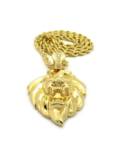 Nyfashion101 Roaring Lion Head 3D Pendant W/ 6mm 30" Rope Chain Necklace In Gold-Tone