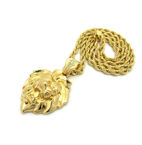 Nyfashion101 Roaring Lion Head 3D Pendant W/ 6mm 30" Rope Chain Necklace In Gold-Tone