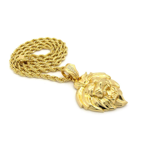 Nyfashion101 Roaring Lion Head 3D Pendant W/ 6mm 30" Rope Chain Necklace In Gold-Tone