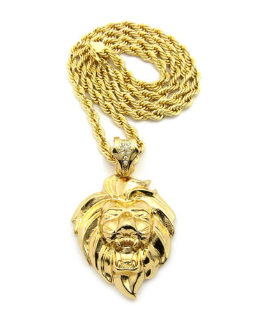 nyfashion101 Roaring Lion Head 3D Pendant w/ 6mm 30" Rope Chain Necklace in Gold-Tone