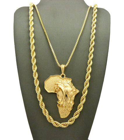 Nyfashion101 Roaring Lion On Africa Pendant W/ 2mm 24" Box Chain & 6mm 30" Rope Chain Necklace In Gold-Tone
