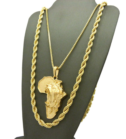 Nyfashion101 Roaring Lion On Africa Pendant W/ 2mm 24" Box Chain & 6mm 30" Rope Chain Necklace In Gold-Tone