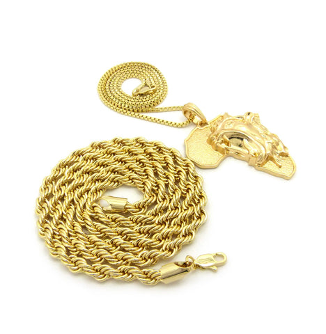 Nyfashion101 Roaring Lion On Africa Pendant W/ 2mm 24" Box Chain & 6mm 30" Rope Chain Necklace In Gold-Tone