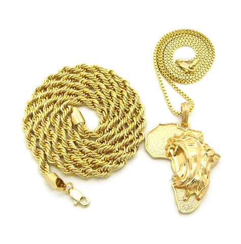 nyfashion101 Roaring Lion on Africa Pendant w/ 2mm 24" Box Chain & 6mm 30" Rope Chain Necklace in Gold-Tone