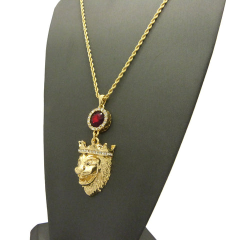 Nyfashion101 Round Faux Ruby Stone & King Lion Pendant Set On 2mm 24" Rope Chain Necklace In Gold-Tone