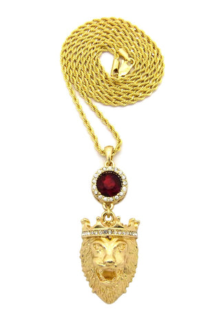 Nyfashion101 Round Faux Ruby Stone & King Lion Pendant Set On 2mm 24" Rope Chain Necklace In Gold-Tone