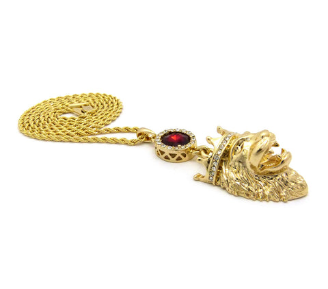 Nyfashion101 Round Faux Ruby Stone & King Lion Pendant Set On 2mm 24" Rope Chain Necklace In Gold-Tone